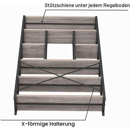 Industrielles Bücherregal mit 6 Etagen, Holz & Metall, Hellgraue Eiche