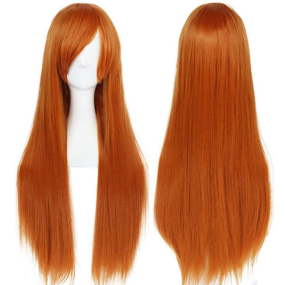 Langes orangefarbenes Damenhaar Perücke mit Pony – Cosplay & Alltag
