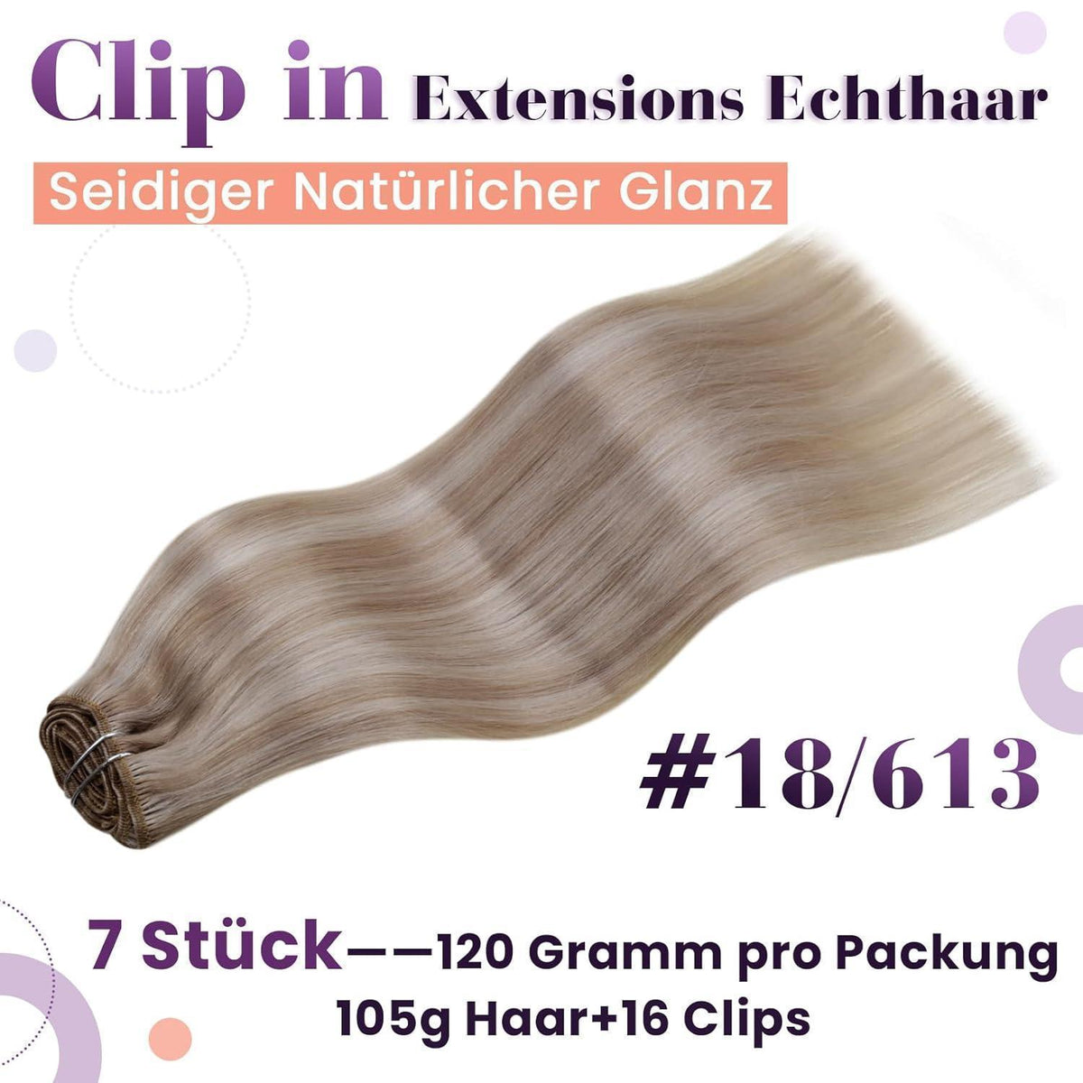 Echthaar Clip-in Extensions Aschblond Highlight 40cm
