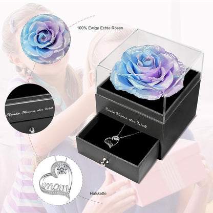 Muttertag Geschenk: Ewige Rose & Halskette Set Blau