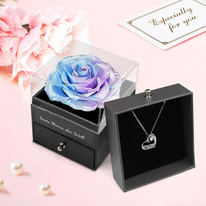 Muttertag Geschenk: Ewige Rose & Halskette Set Blau