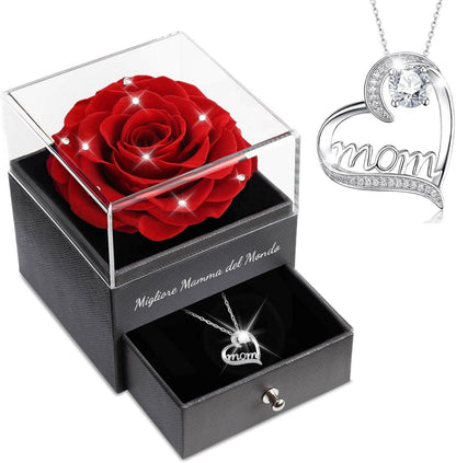 Ewige Muttertagsgeschenk Rose & Mom Halskette Kristall Rot