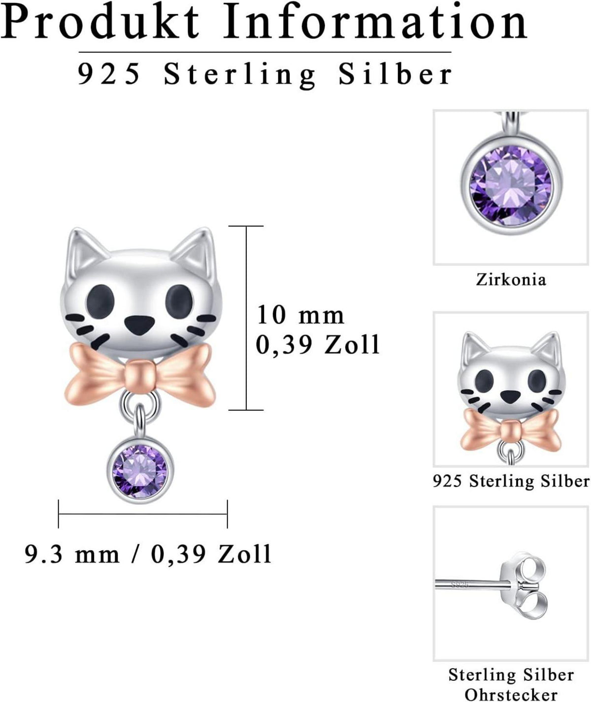 925 Sterling Silber Katzen Ohrstecker lila Zirkon Geschenk