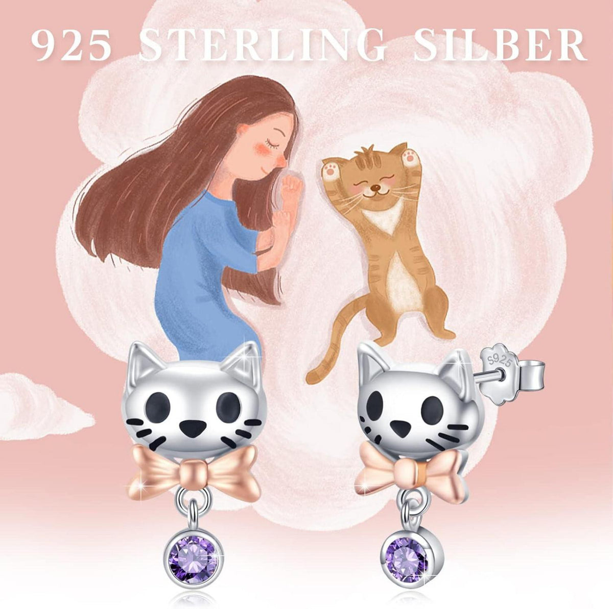 925 Sterling Silber Katzen Ohrstecker lila Zirkon Geschenke für Damen
