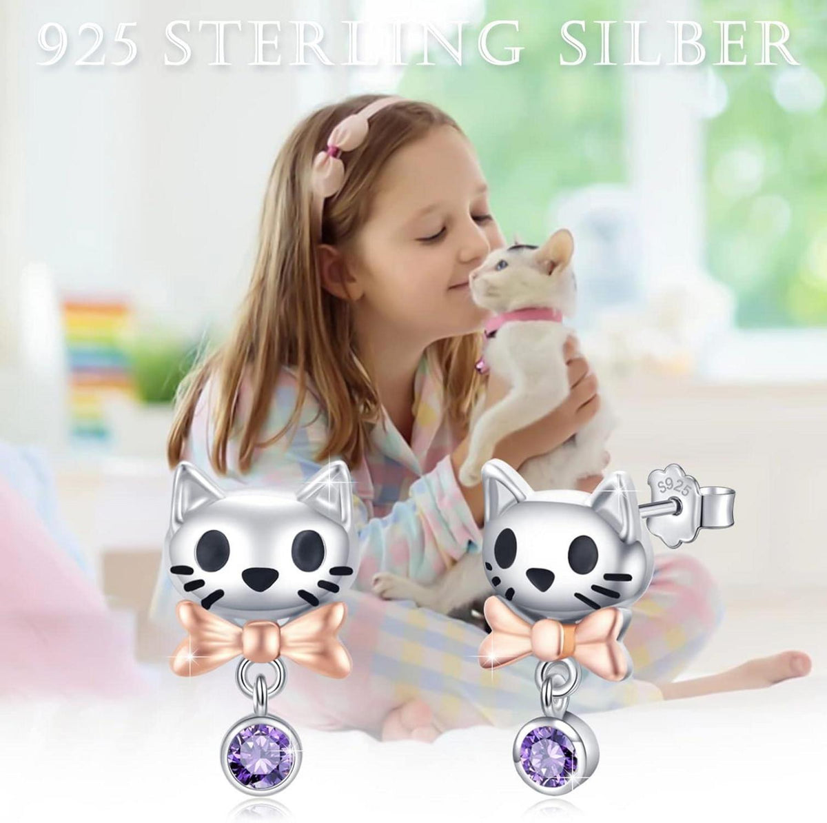 925 Sterling Silber Katzen Ohrstecker lila Zirkon Damen Geschenke