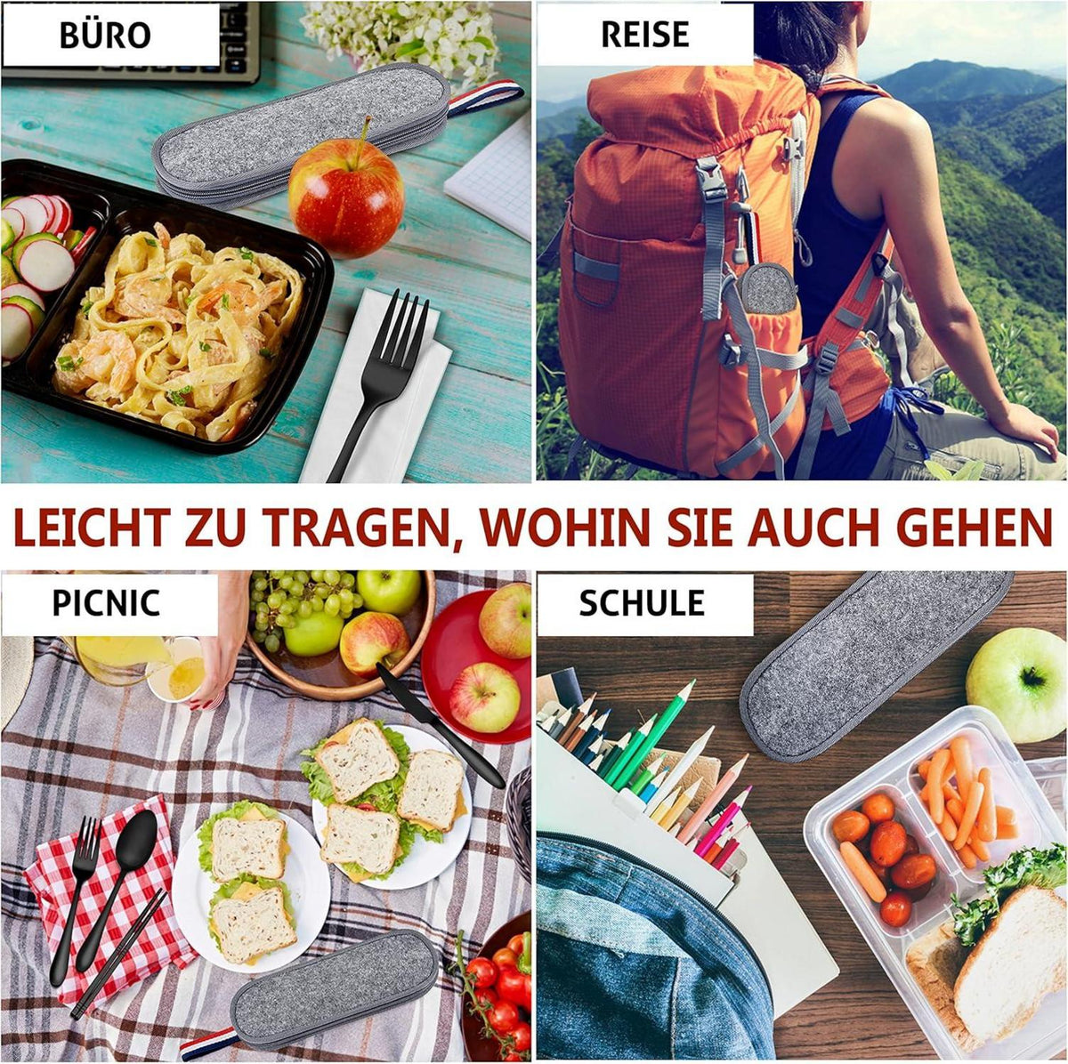 Reisebesteck Set 8-Stück Edelstahl Camping Besteck Tragetasche Schwarz