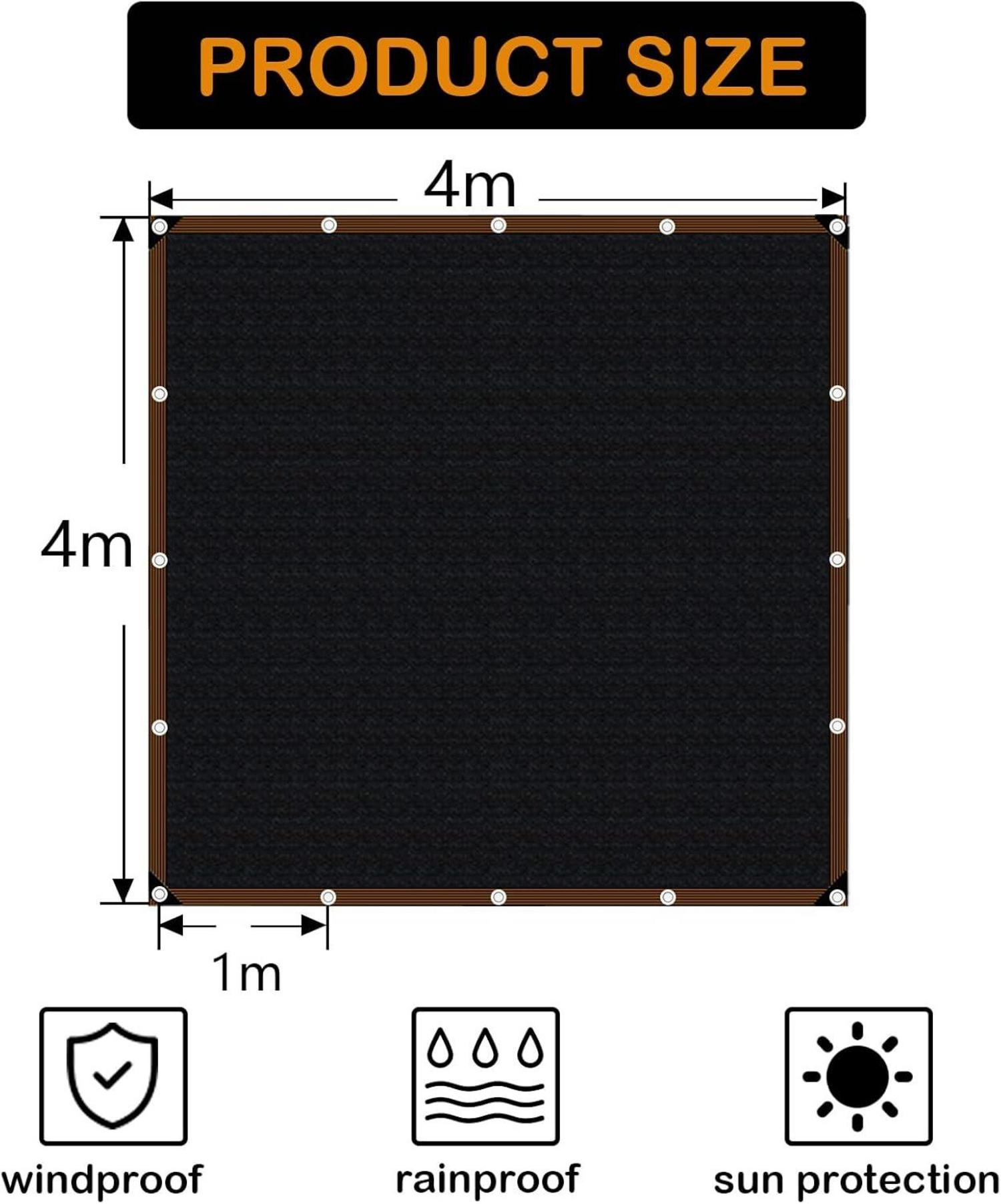 Sonnensegel Rechteckig Balkon Schattennetz 4x4m Schwarz UV-Schutz