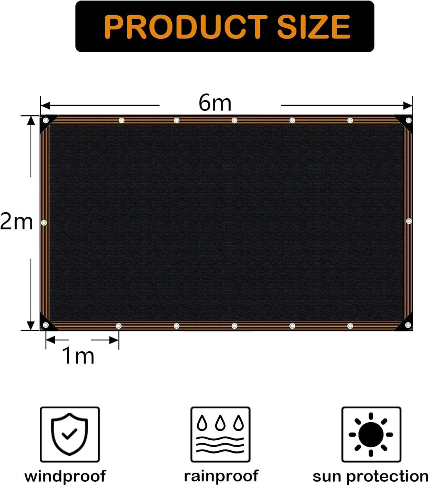Sonnensegel Rechteckig Balkon Schattennetz 2x6m Schwarz UV-Schutz