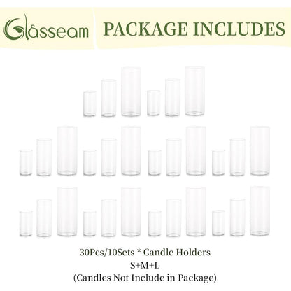 Glas Kerzenhalter Set Zylinder 3 Größen für Stumpenkerzen & Teelichter