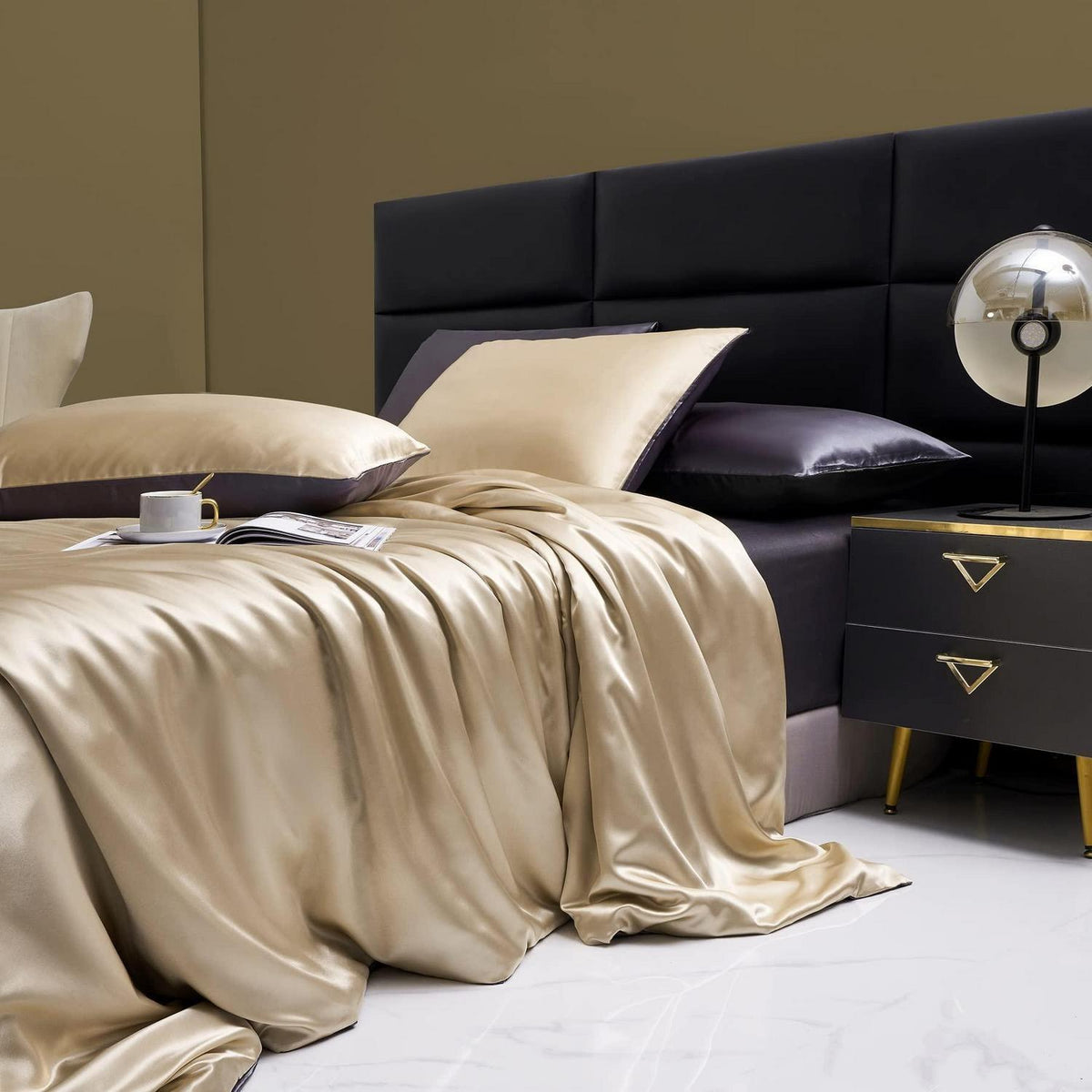 Damier Bettwäsche Set 135x200cm, Satin, Beige Grau