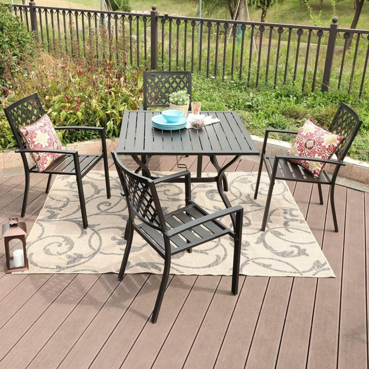 PHIVILLA Gartenmöbel Set 4 Stühle und Tisch Wetterfest Schwarz