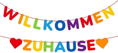 Buntes Willkommen Zuhause Banner mit 19 Wimpeln und 2 Juteseil