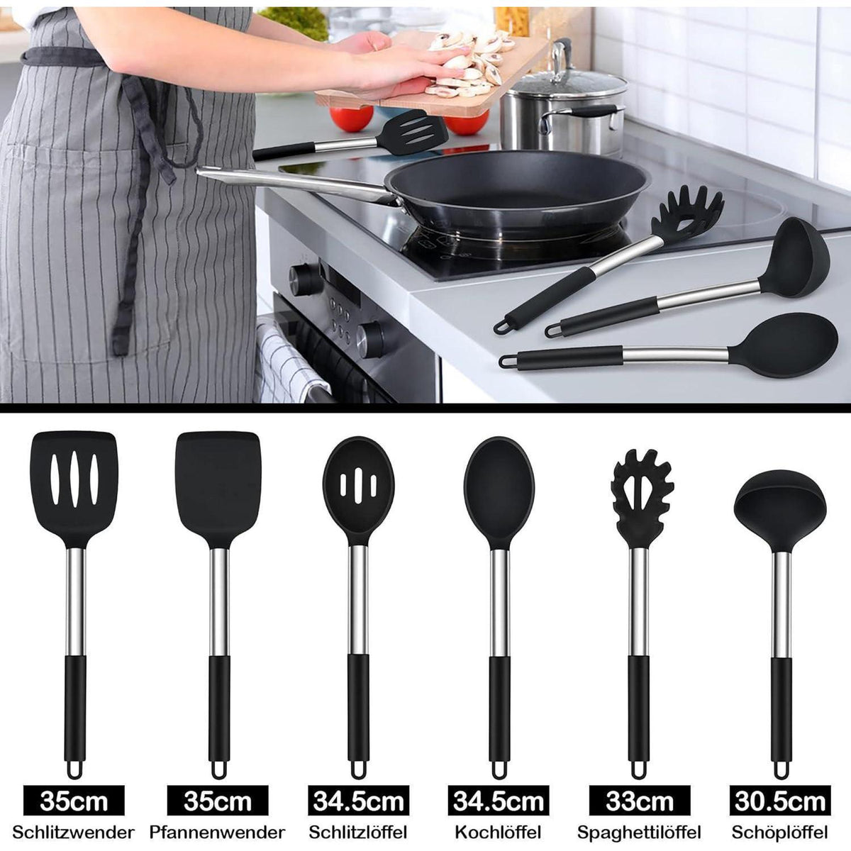 Küchenhelfer Set 6-teilig Silikon Kochutensilien Schwarz