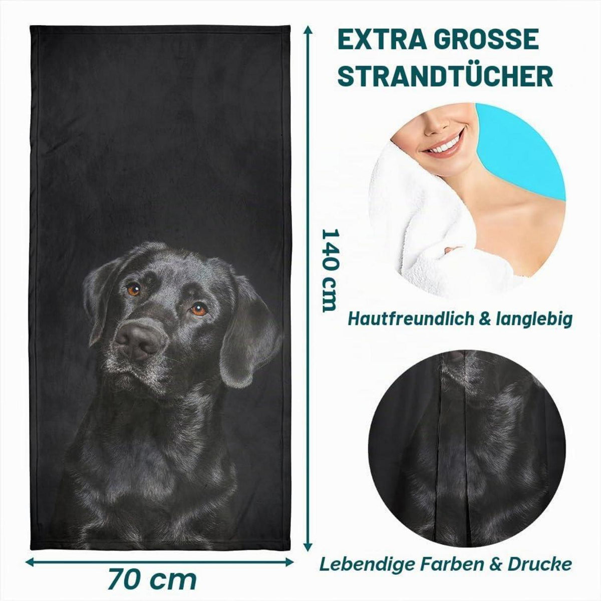 Strandtuch Mikrofaser Labrador Schwarz 70x140 cm
