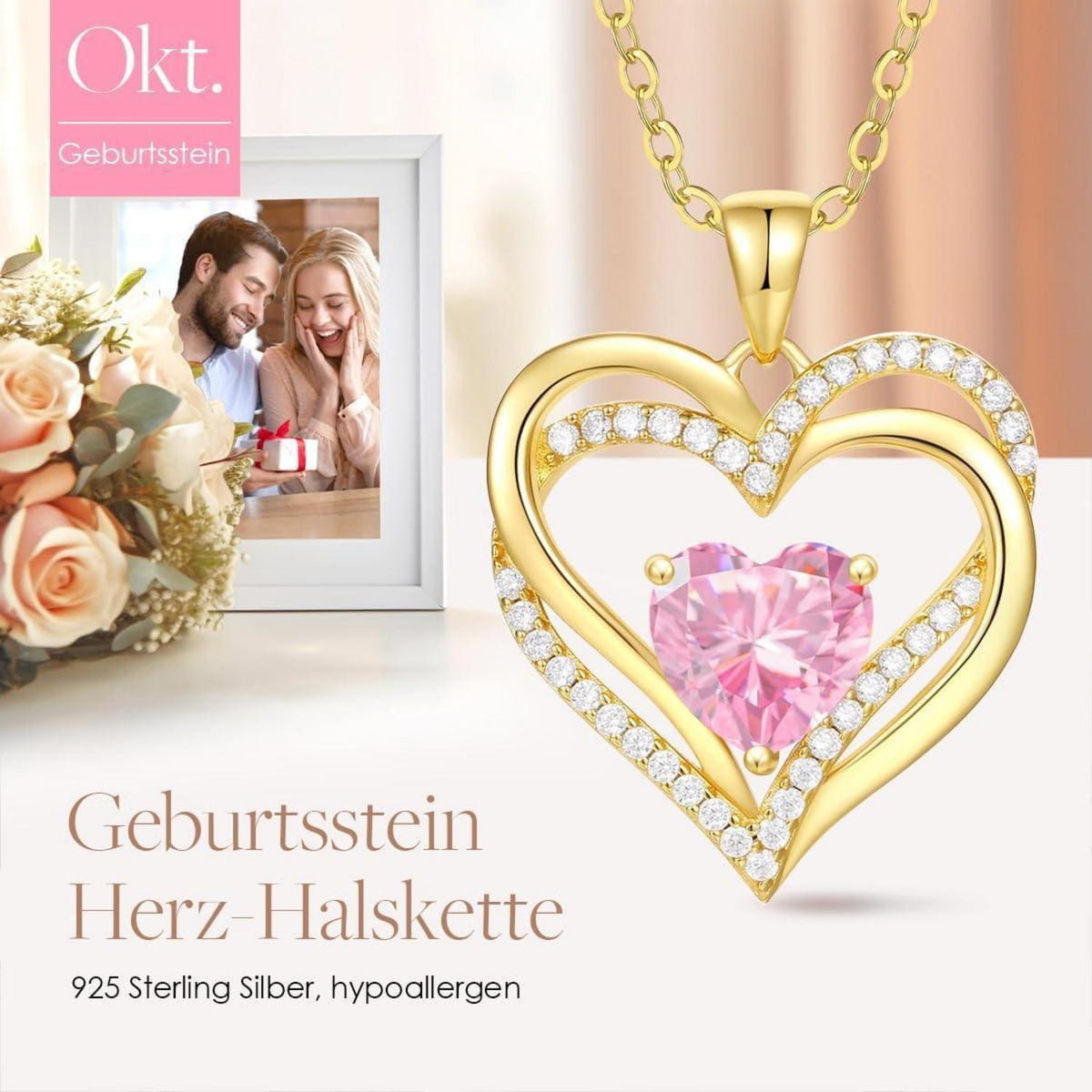 Damen Halskette Herz mit Geburtsstein 925 Sterling Silber