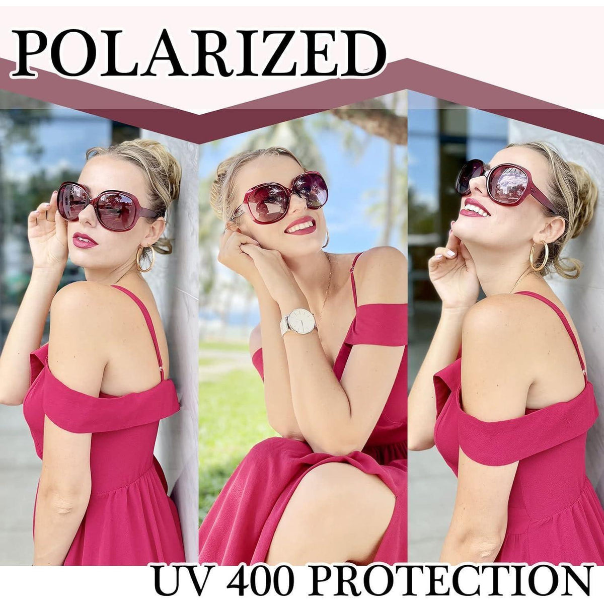 Übergroße Damen Sonnenbrille polarisiert UV400 transparent Rosenrot