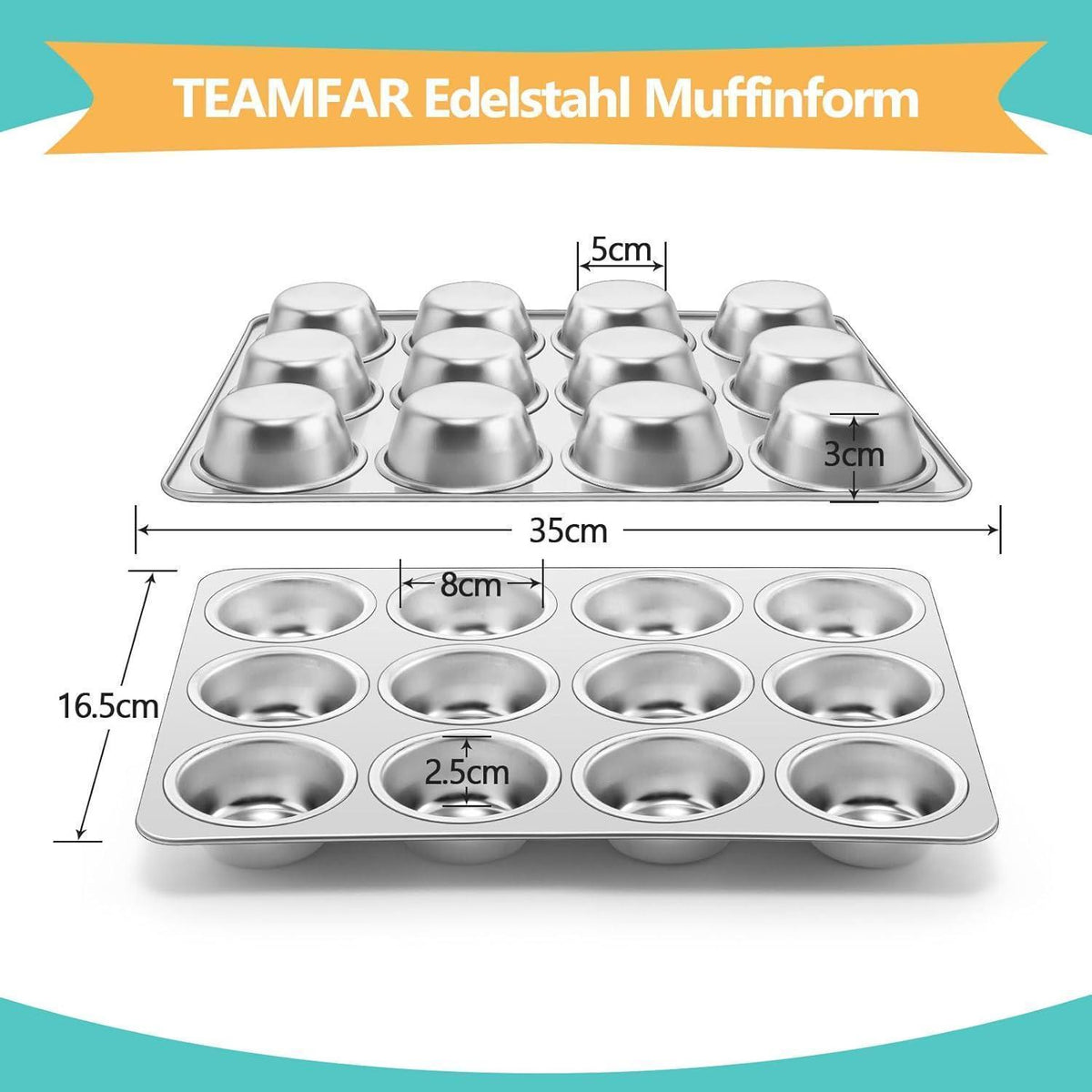 Edelstahl Muffinform 12-Loch für Muffins, Cupcakes & Kuchen