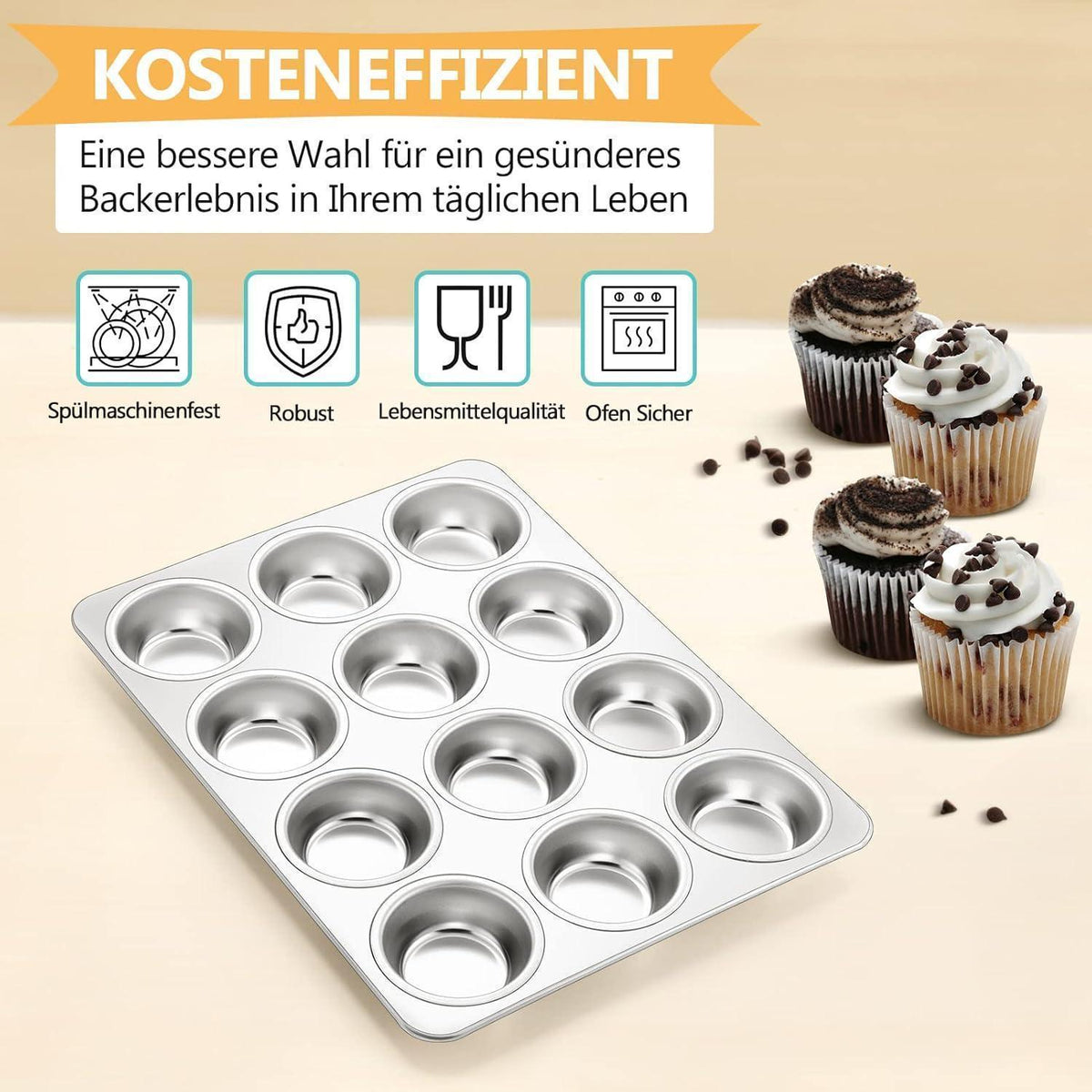 Edelstahl Muffinform 12-Loch für Muffins, Cupcakes & Kuchen