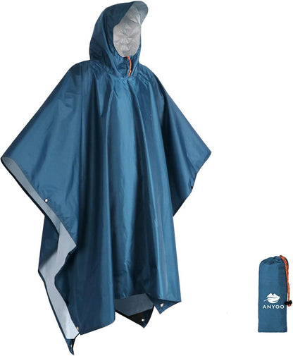 ANYOO Leichter Wasserdichter Regenponcho mit Kapuze und Druckknöpfen - Einheitsgröße Marineblau
