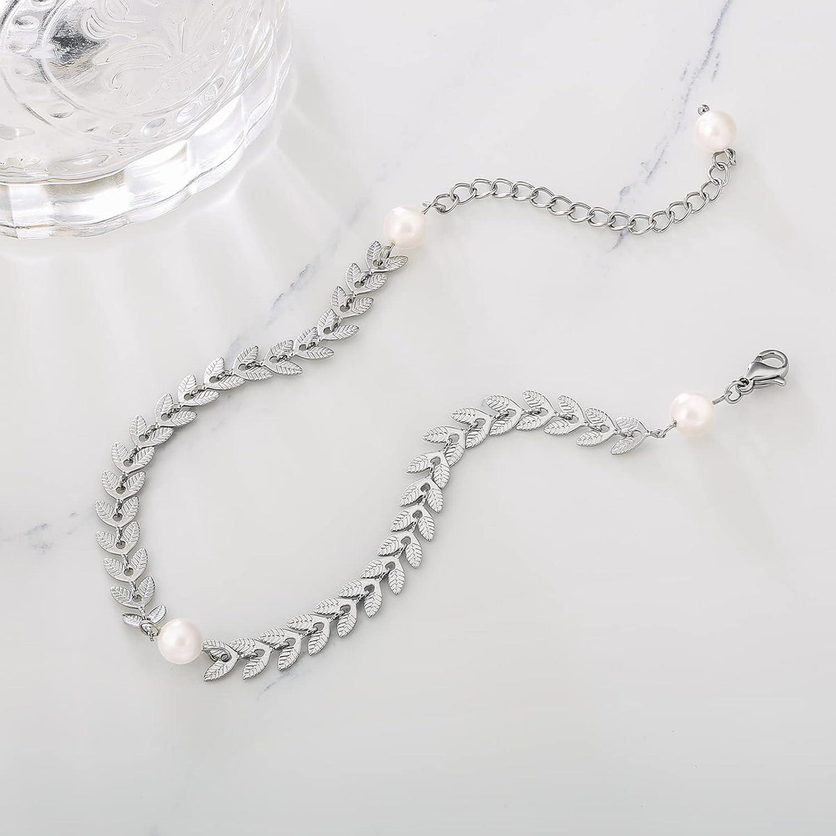 Damen Fußkettchen 4mm Zirkonia Fischgrätkette vergoldet 22/27cm 6mm Perle