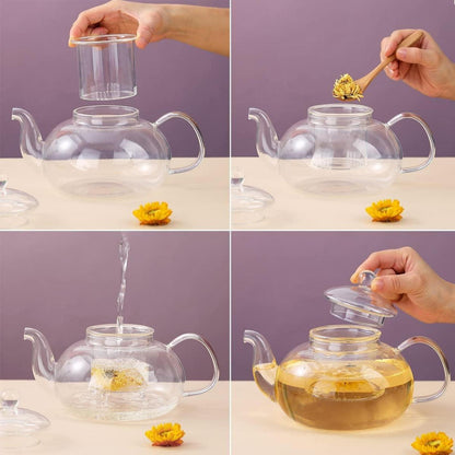 Glas Teekanne 1000 ml mit Teesieb, 4 Teetassen & mikrowellenfester