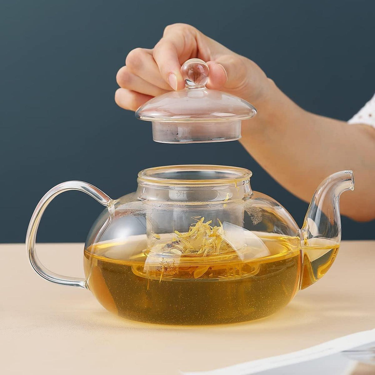 Glas Teekanne 1000 ml mit herausnehmbarem Teesieb & Aufblüh Set