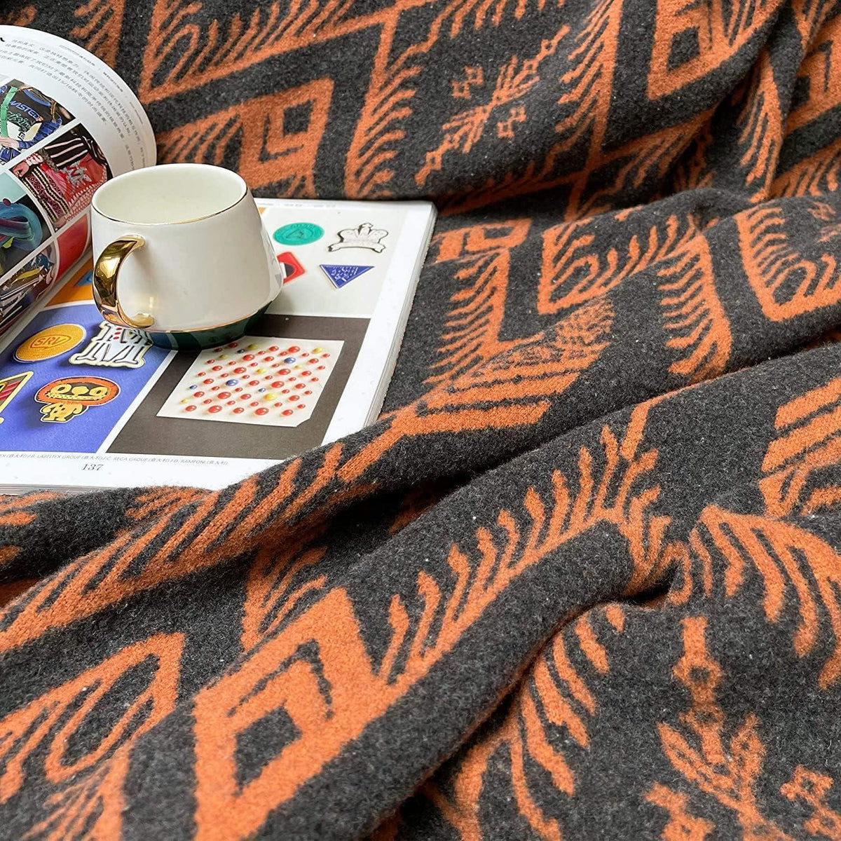 Merinowoll Decke Boho Orange 160x220 cm - Kuscheldecke für Zuhause & Outdoor