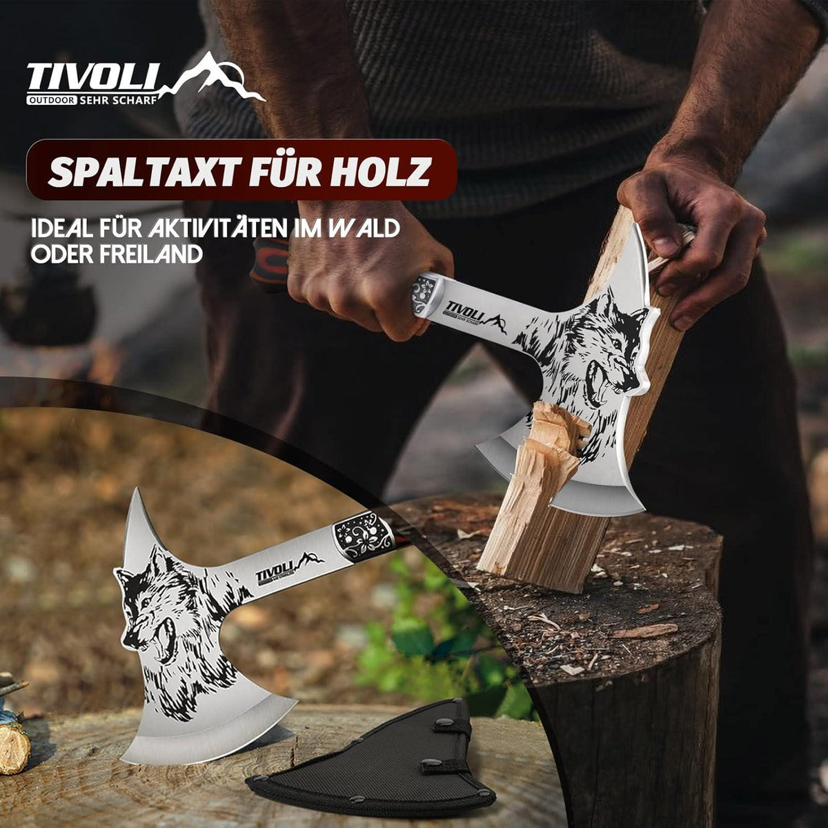 Hochwertige TIVOLI Campingaxt für Outdoor und Garten