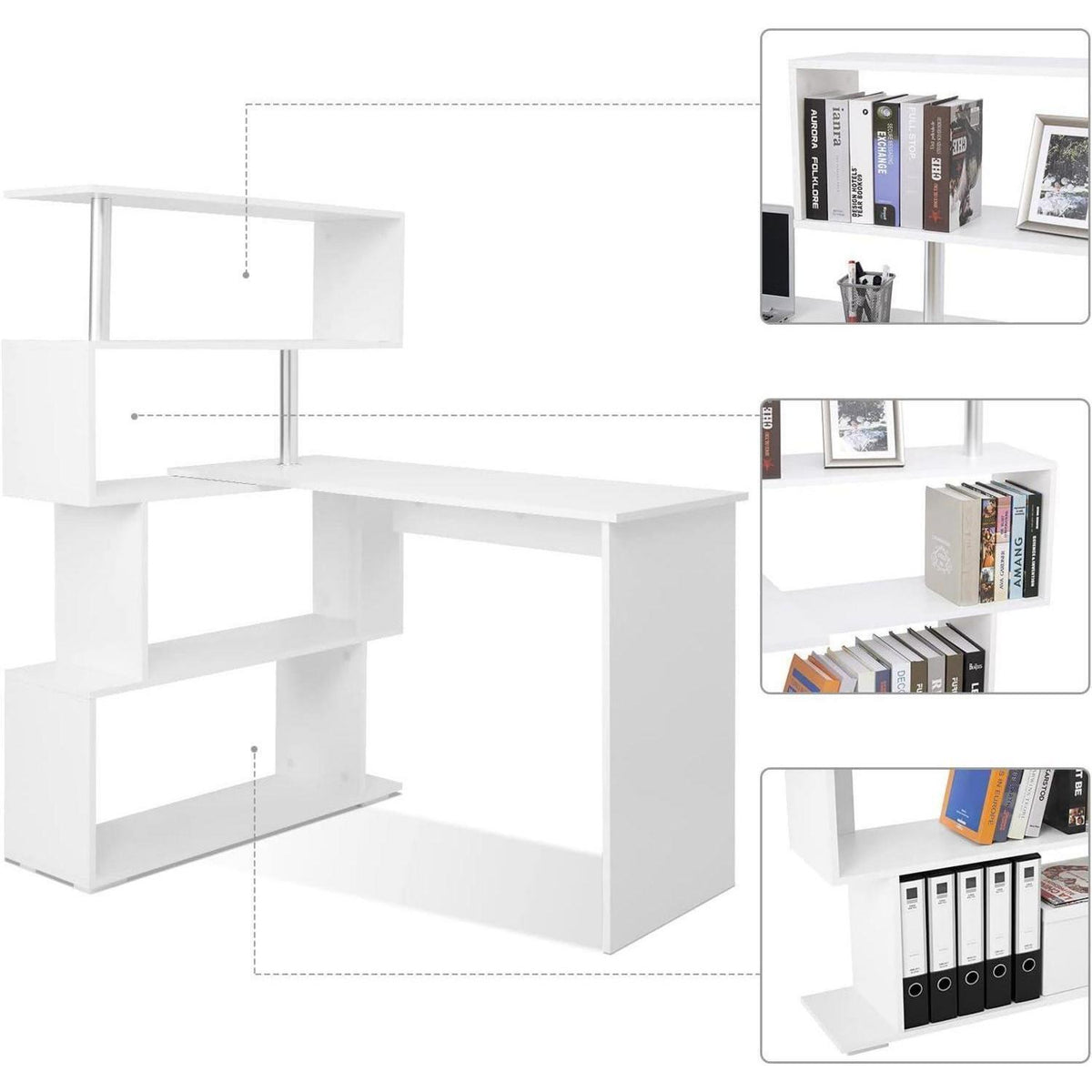L-Schreibtisch mit drehbarem Bücherregal, Weiß