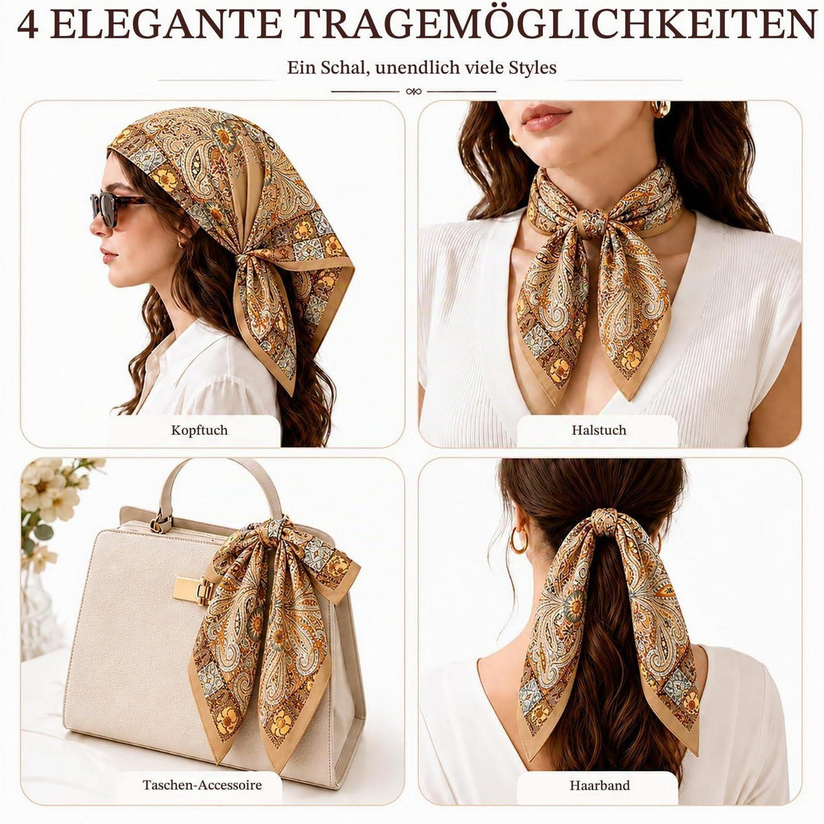 Seidenschal Damen 70x70cm Braun mit Muster