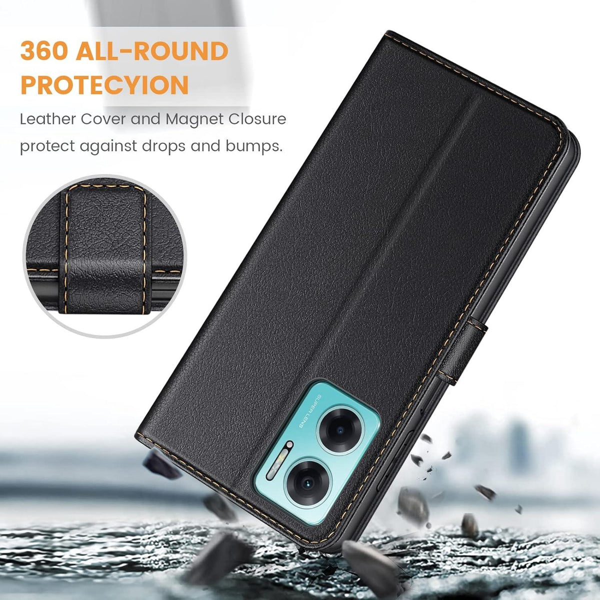 Handyhülle Xiaomi Redmi 10 5G Leder Klapphülle Schwarz Magnet
