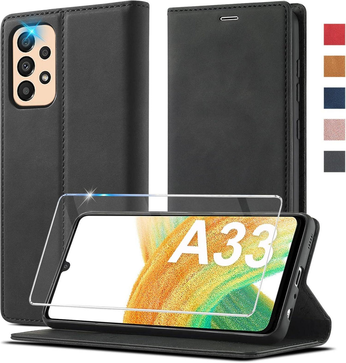 Samsung Galaxy A33 5G Hülle Leder mit Schutzfolie - Flip Wallet Case