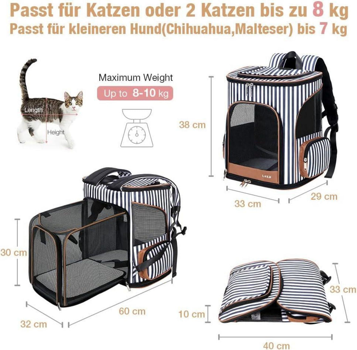 Erweiterbarer Katzenrucksack Hunderucksack für Haustiere bis