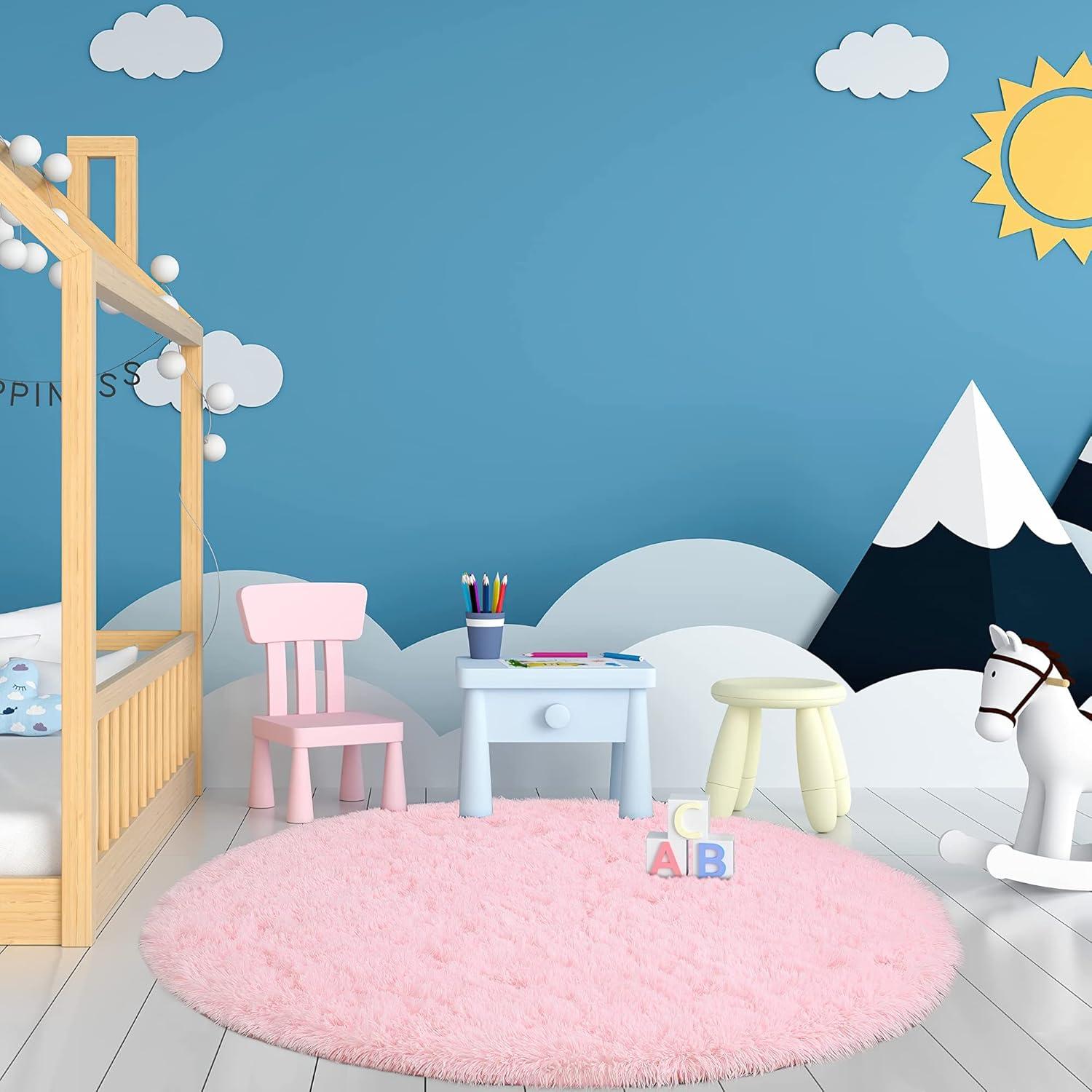 Hochflor Teppich Rund Fluffy Shaggy Teppich Rosa 100x100 cm