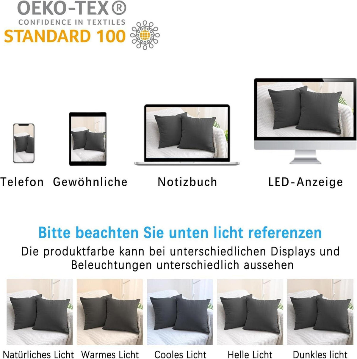2er Set Kissenbezug 50x50 cm Dunkelgrau Baumwolle Reißverschluss