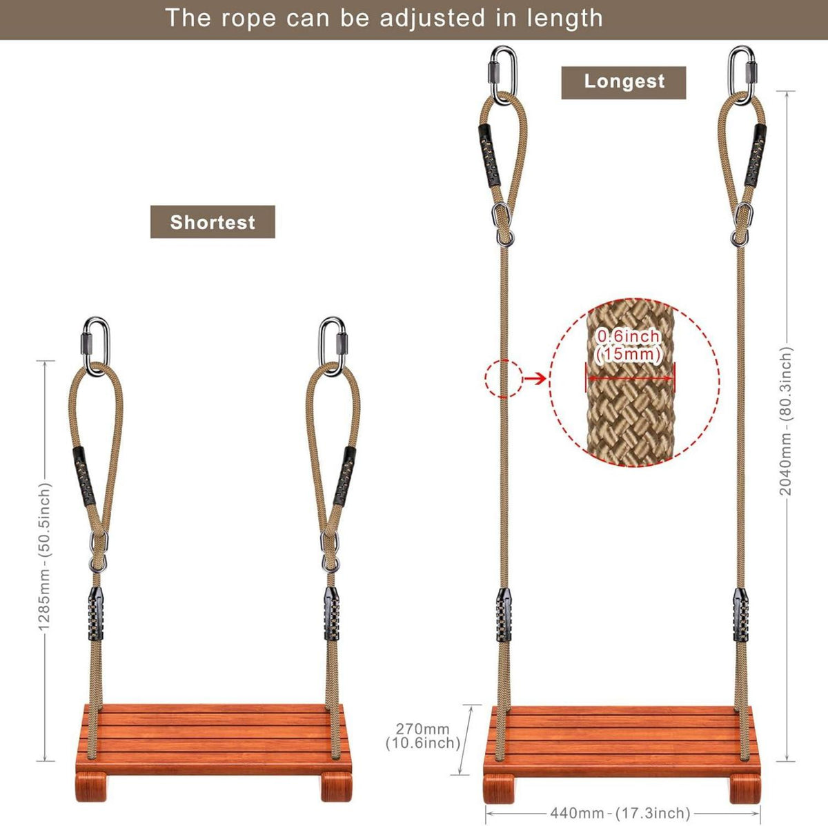 Holzschaukel Set mit verstellbarem Seil, strapazierfähig, 188 cm lang