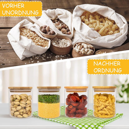 Vorratsdosen Glas 4er Set 500ml Bambus Deckel Etiketten