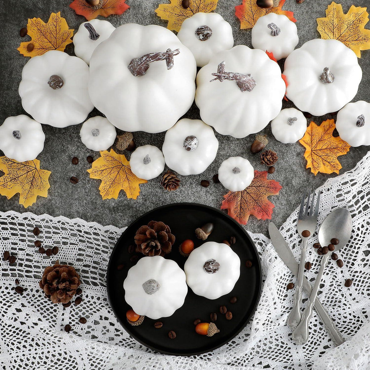 Künstliche weiß Mini Kürbisse Set Herbstdeko Halloween 16 Stück