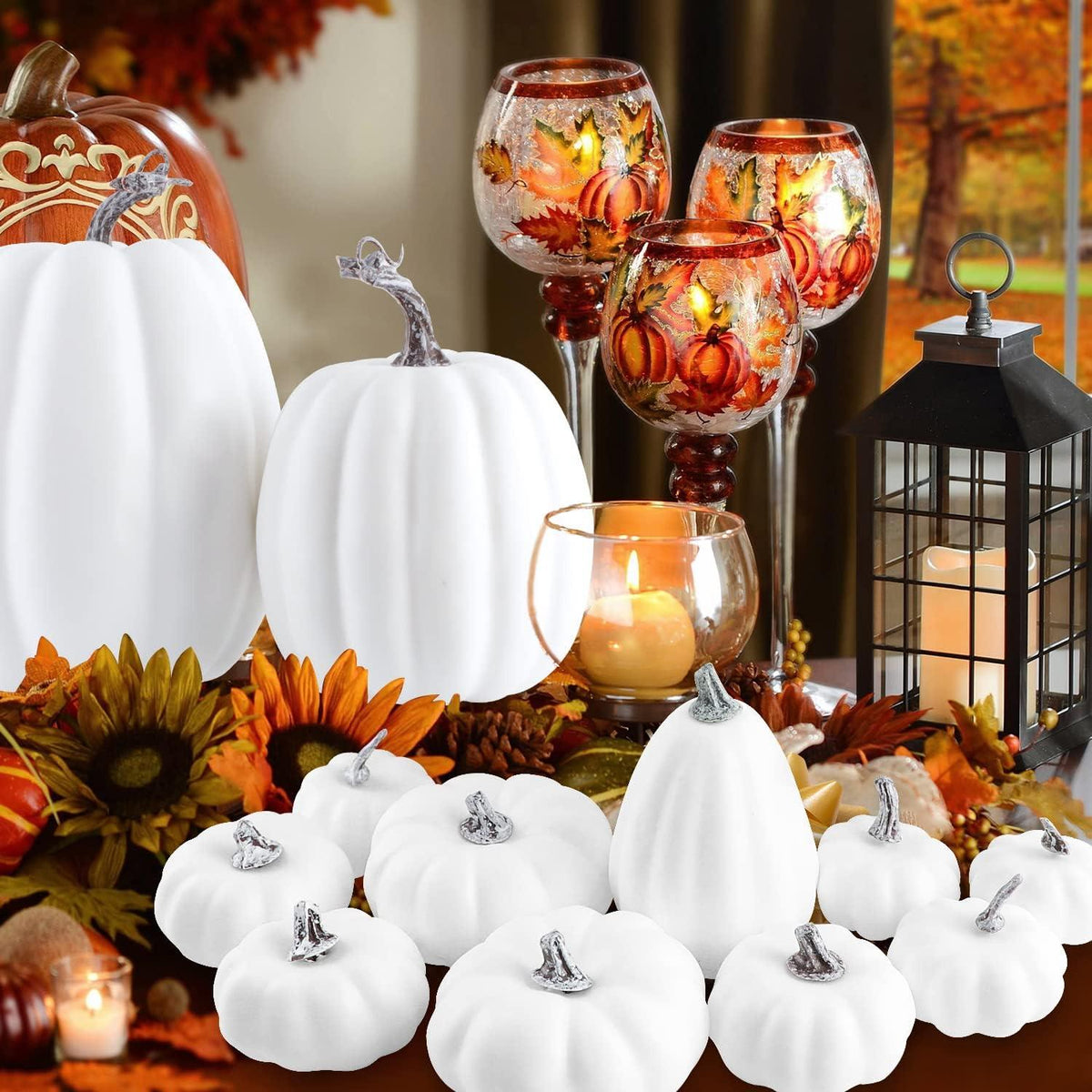 12x Benjia Mini Weiß Kürbisse Herbstdeko Halloween Außendeko