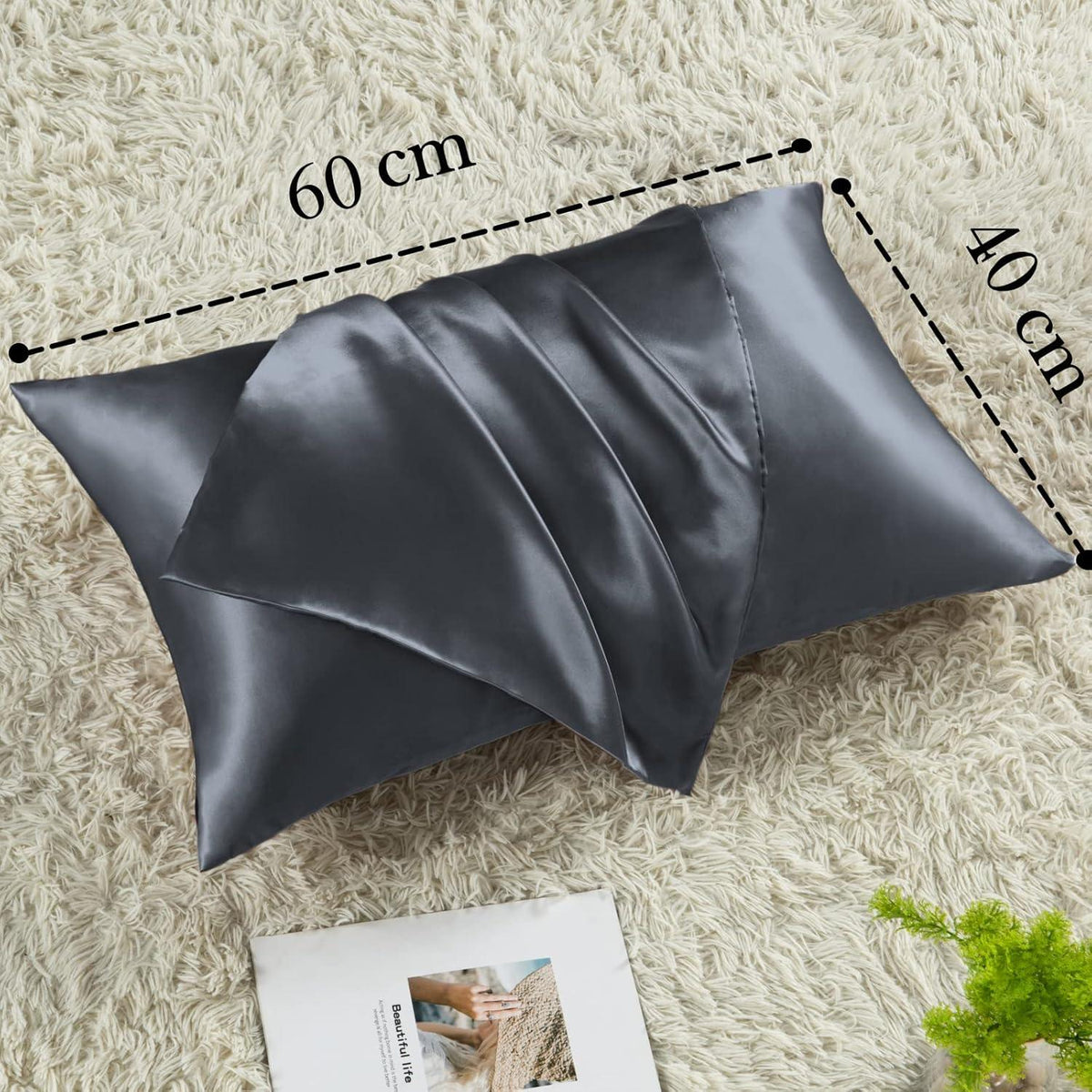Satin Kissenbezug Set Dunkelgrau 40x60cm mit Haargummis