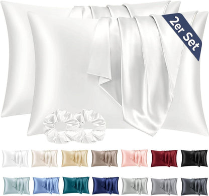 Satin Kissenbezug 40x60 Set mit Haargummis, Ivory