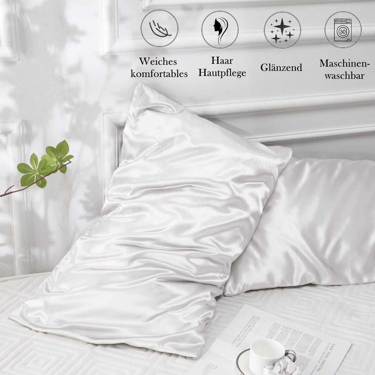 Satin Kissenbezug 2er-Set 40x60 Ivory, Weich wie Seide, Pflege für Haar & Haut