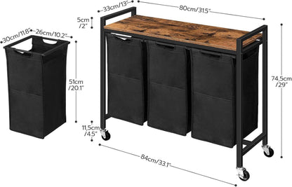 Wäschekorb mit 3 Fächern und Ablage Vintage 84x33x74,5cm Oxford Dunkelbraun