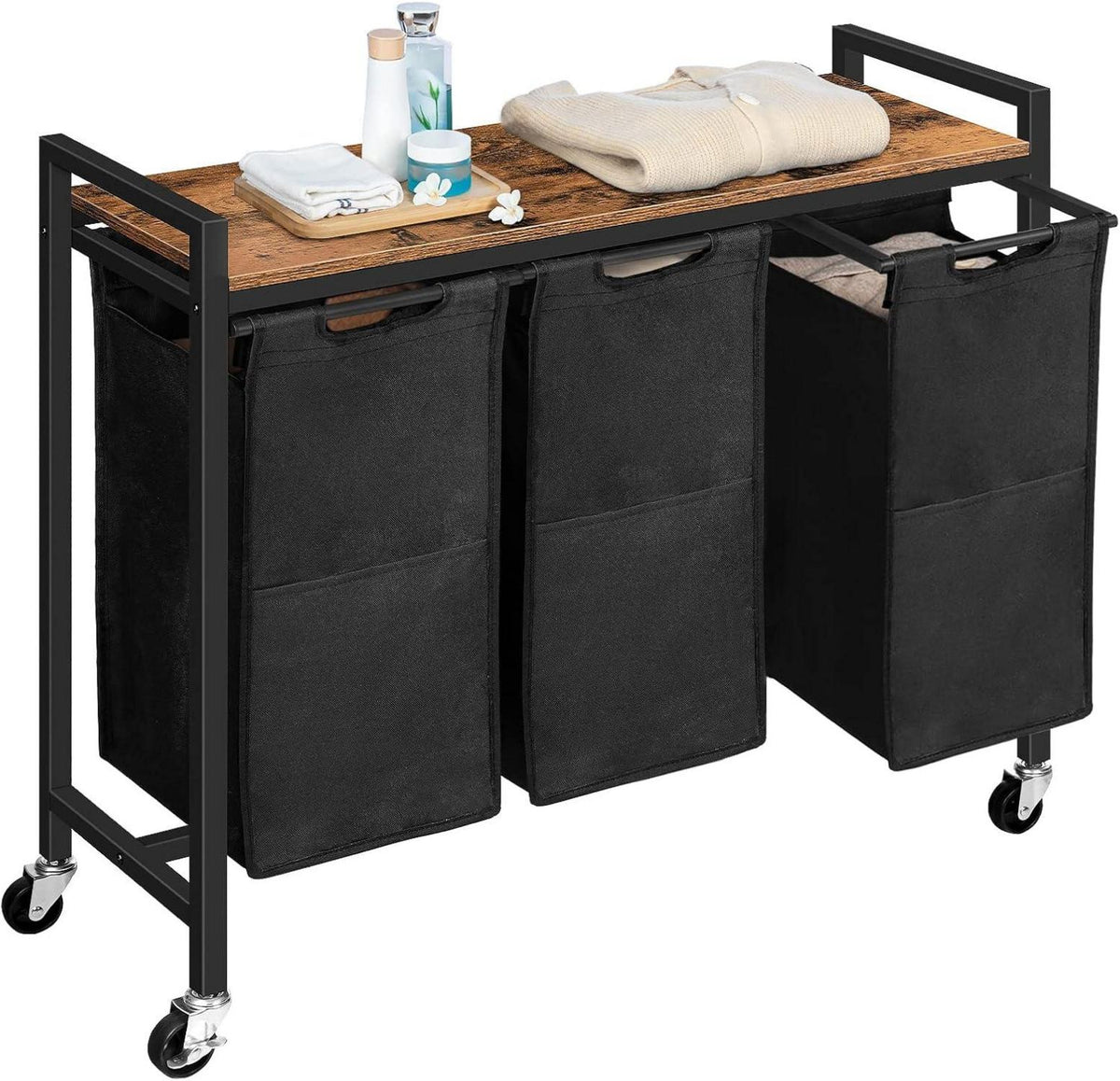 Wäschekorb mit 3 Fächern und Ablage, 3 x 39,8 L, Vintagebraun-Schwarz