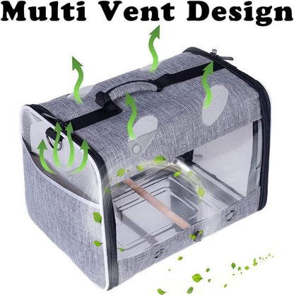 Vogeltrage für Reisen mit Metallschale und Stehstange, transparent, für Sittiche, Papageien, Wellensittiche, Nymphensittiche, grau