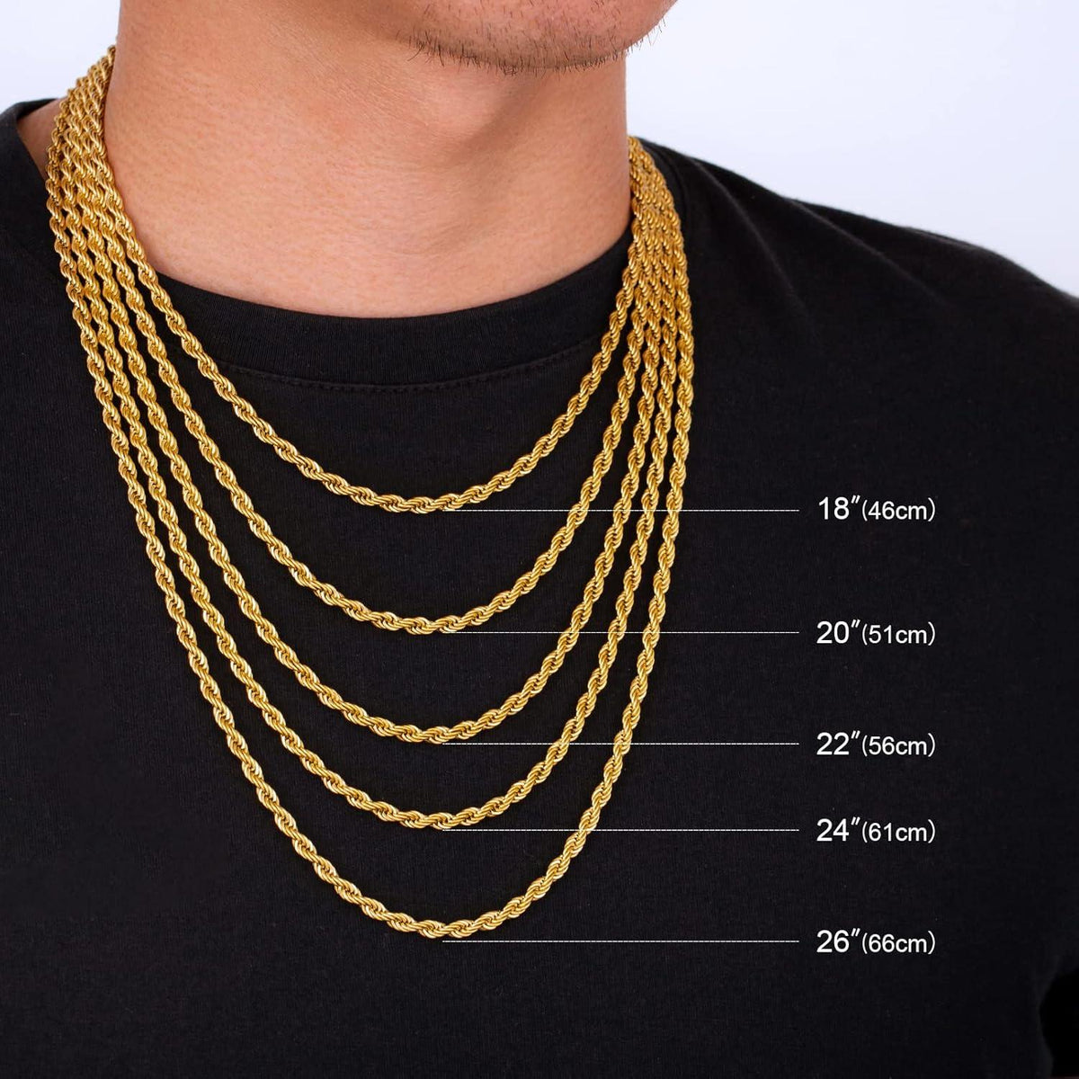 KRKC&CO 4mm Goldkette Rope Kette Herren Damen 55,9cm 18K Gold