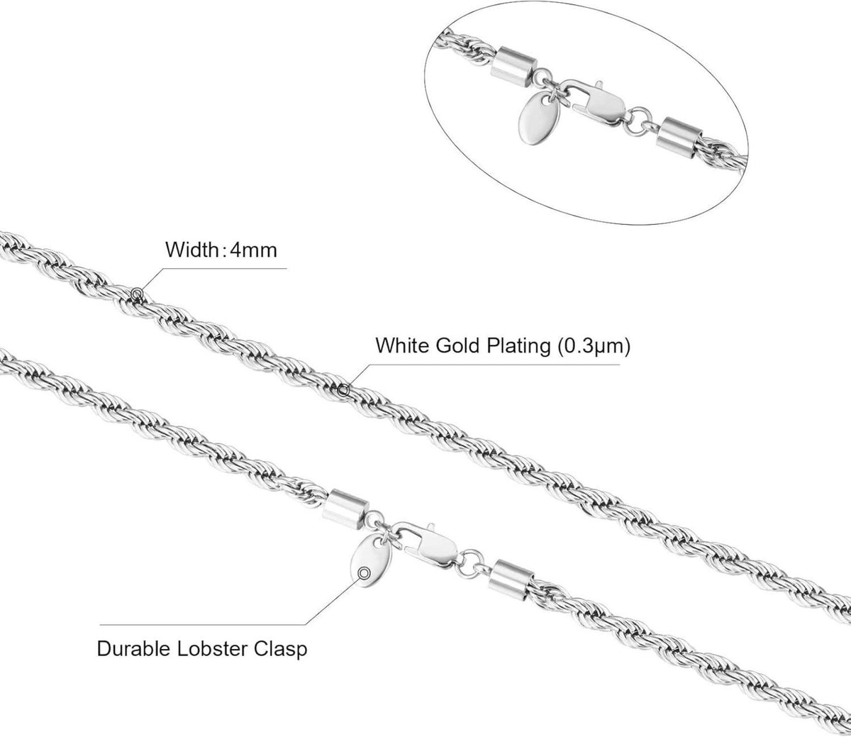 Goldkette Herren 18K Weißgold beschichtet Rope Halskette 4mm 50,8cm Kordelkette