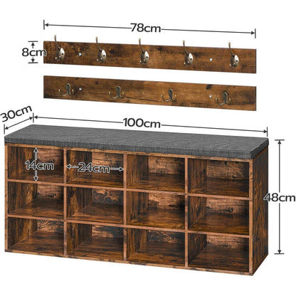 Garderobe mit Schuhbank und 12 Fächern, Vintagebraun