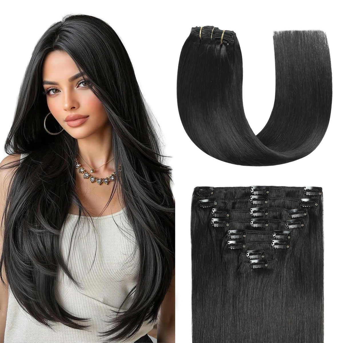 Echthaar Verlängerung Clip In – Tiefschwarz Remy Haar 45cm