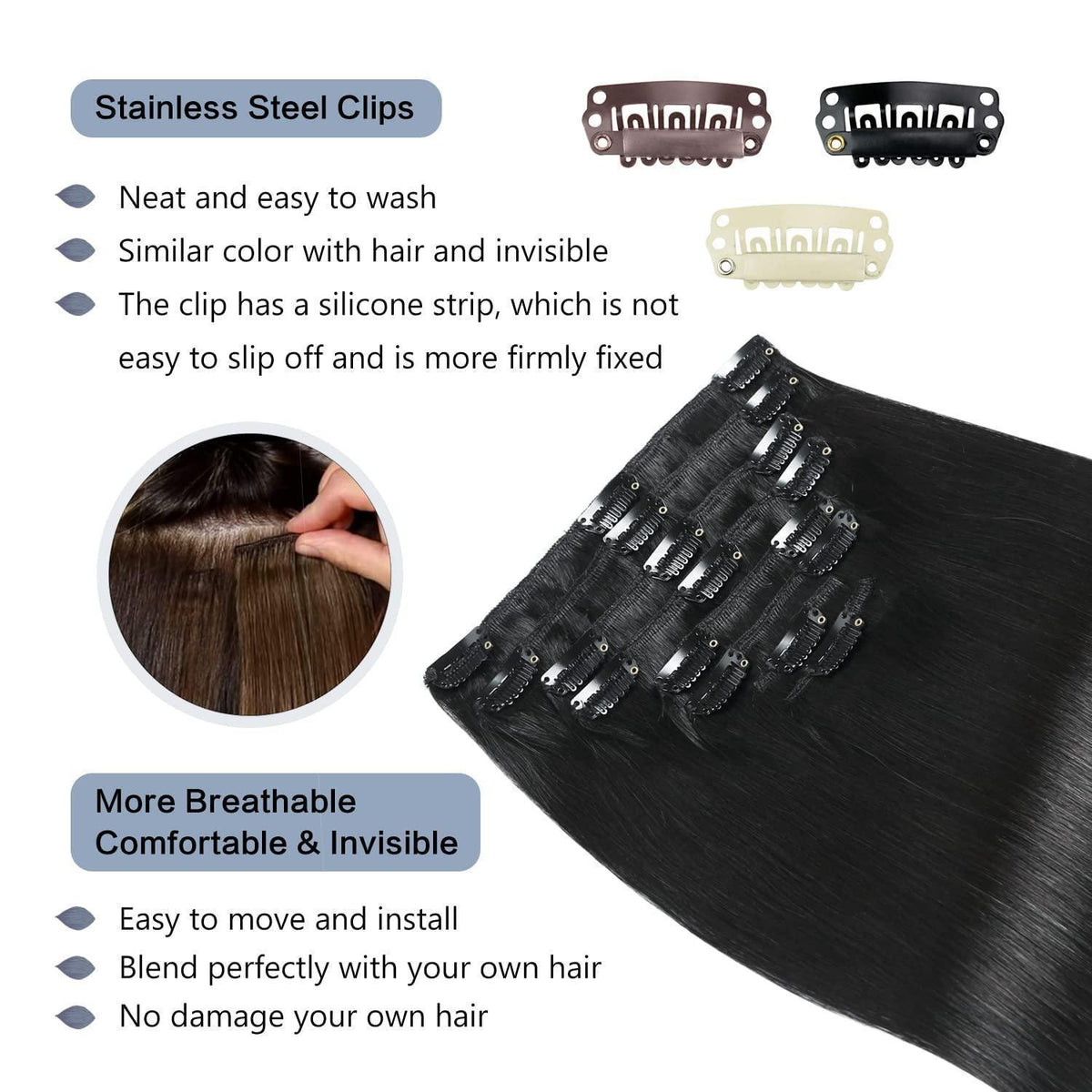 Echthaar Verlängerung Clip In – Tiefschwarz Remy Haar 50cm